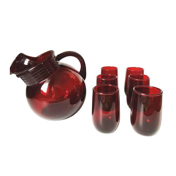 Vintage Art Deco Cranberry Glass Small Pitcher and 6 Juice / Drink Glasses